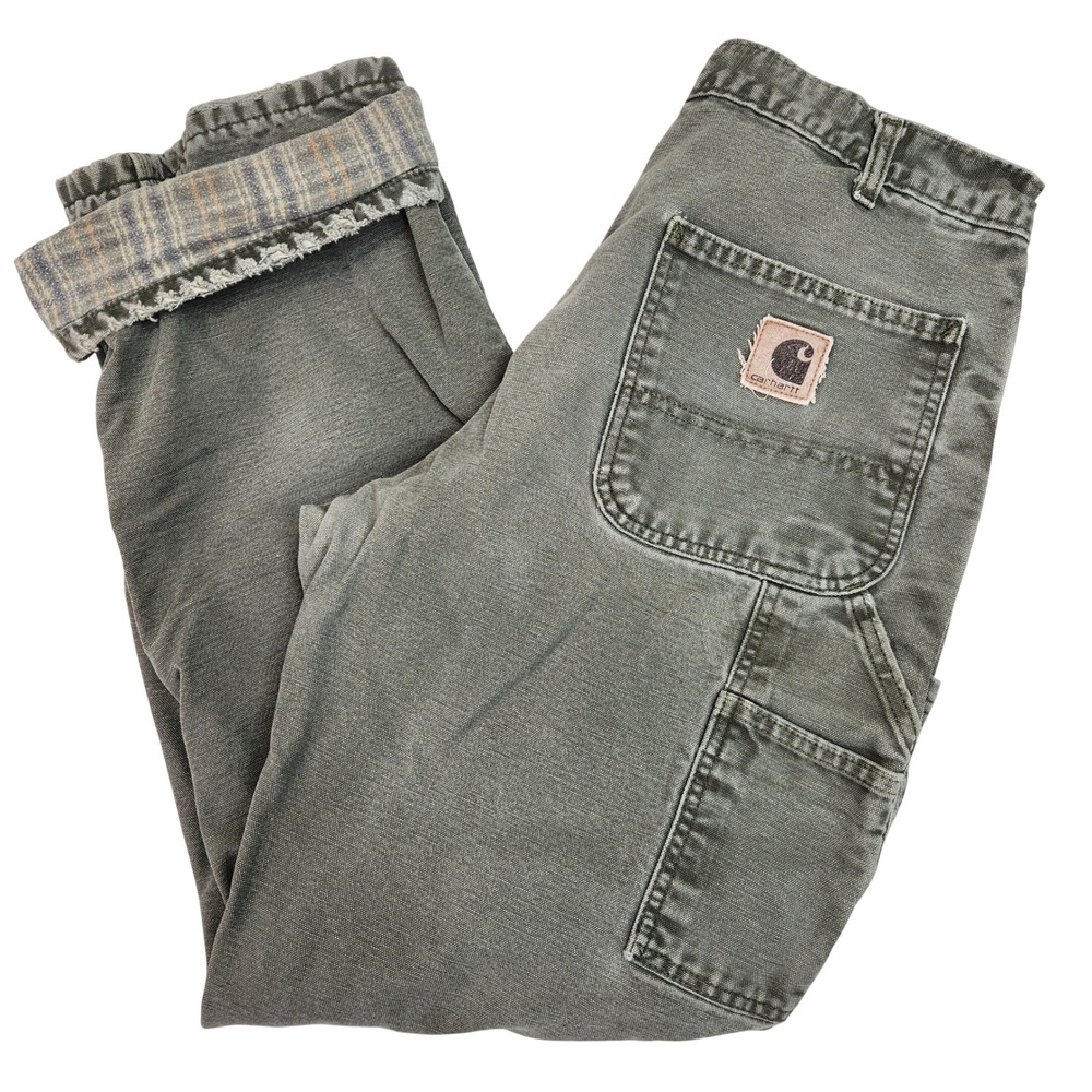 Carhartt B111 MOS Moss Green Flannel Lined Carpenter Pants 33x32 Distressed